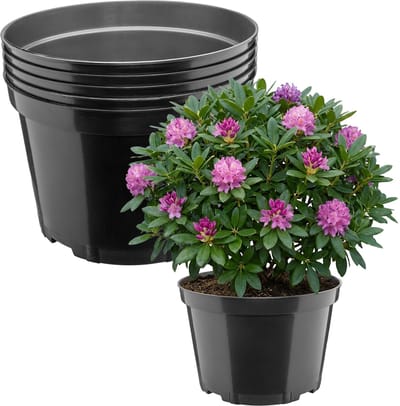 Garronda Set van 5 ronde kunststof bloempotten met drainagegaten voor tuin (Zwart, Ø27 x 17,5 cm (7,5L)) GD-KW-RL