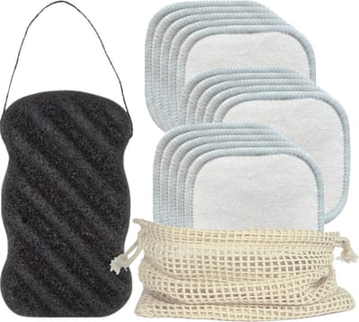 16x Wasbare Wattenschijfjes - Wit - Duurzaam - Inclusief Scrub Spons - Waszakje - Milieuvriendelijk - Bamboe - Herbruikbare Wattenschijfjes - Make-up Verwijderen - Wasbaar- Remover Pads - Konjac Spons - Ecologisch – Zero Waste