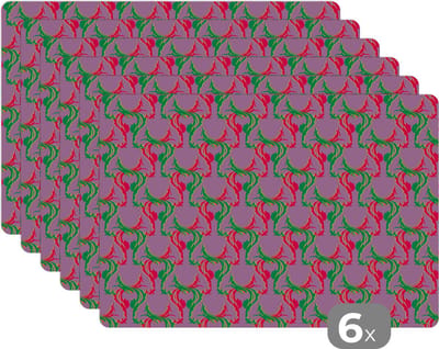 Placemat - Placemats kunststof - Hert - Patroon - Paars - 45x30 cm - 6 stuks - Hittebestendig - Anti-Slip - Onderlegger - Afneembaar
