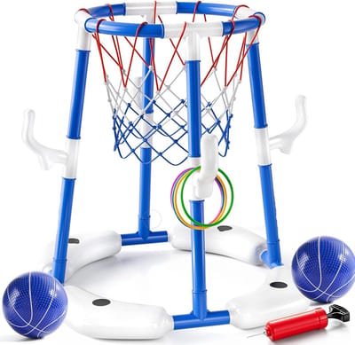 Huntex Basketbal & Ringenspel – 2-in-1 Speelset voor Kinderen & Volwassenen – Binnen & Buiten – Inclusief 2 Ballen, 12 Ringen en Pomp – Blauw