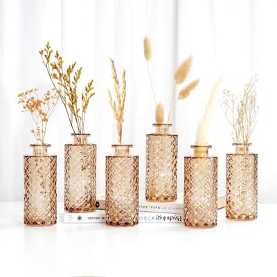 Dailygoods- Vazen Set van 6 - Amberkleurige Diamantstijl - Glazen Vazen voor Bloemen - Rustieke Vintage Vazen - Tafeldecoraties - Duurzaam Ontwerp - Bloemenvazen