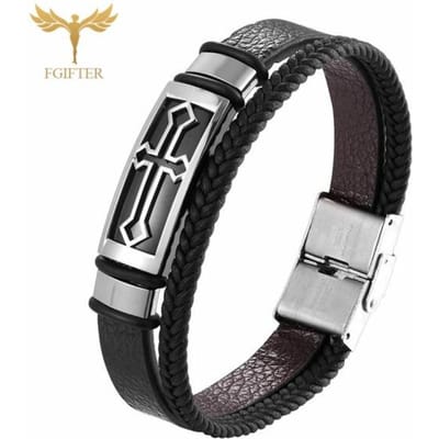 Vintage kruisarmband heren dames lederen dubbele lagen handsieraden religieuze armbanden roestvrijstalen gesp schoudertasje 17-23 cm 17cm black