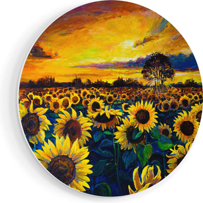 Artaza Forex Muurcirkel Getekende Zonnebloemen Veld Met Olieverf - 50x50 cm - Klein - Wandcirkel - Rond Schilderij - Muurdecoratie Cirkel