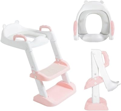 Toiletbril met ladder - Opstapkruk peuter - Potjestraining thuis - In hoogte verstelbaar - 35x35 cm - Roze wit