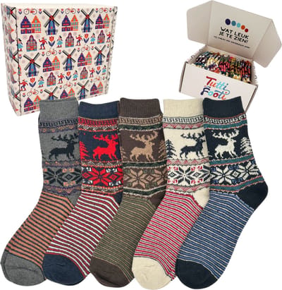Tutti Footi - Warme Sokken met Rendieren - 5 paar - Vintage huissokken leuk voor winter en kerst - Noorse Stijl - maat 36-39 met smalle boord