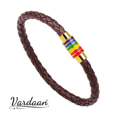 Vardaan Gevlochten Armband - Bruine Leren Armband - Regenboog Armband - Pride Armband - LGBTQ - Magneet - Bruin