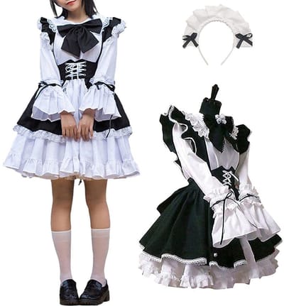Dailygoods - Dames dienstmeisjesoutfit - Cosplay kostuum - Lange jurk met schort - Zwart-wit - Geschikt voor vier seizoenen - Perfect voor rollenspellen