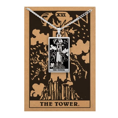 Tarot Ketting XVI: De Toren / The Tower - Inclusief Rider-Waite Kaart - Zilverkleurig Stainless Steel - 60cm - Pax Amare