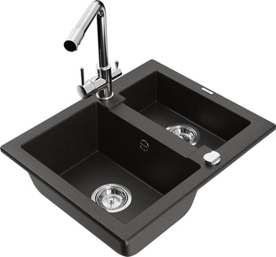 Mexen Carlos granieten gootsteen 1,5-kamer met keukenmengkraan Duero, zwart/gouden metallic - 6518-75-671600-00