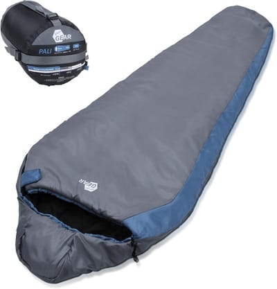 Lichte mummy slaapzak -3°C 220x75cm blauw-grijs compact voor zomer kampeertrippen