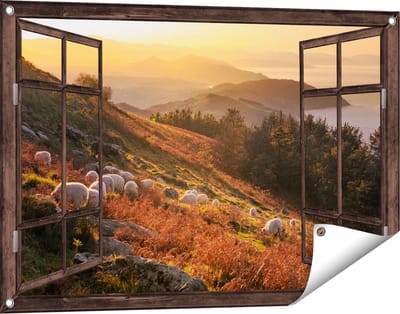 Gards Tuinposter Doorkijk Schapen in de Bergen - 90x60 cm - Tuindoek - Tuindecoratie - Wanddecoratie buiten - Tuinschilderij