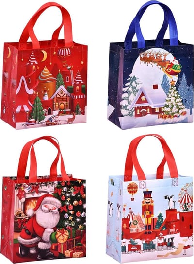Grote Herbruikbare Kersttas met Handvatten - Set van 4 Multikleurige Cadeautassen voor Feestdagen en Winkelgebruik