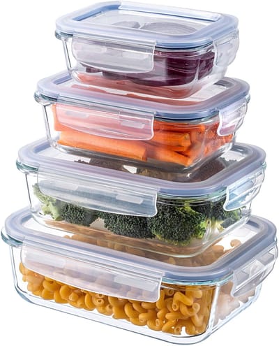 KADAX Glazen container met deksel, voedselcontainer, vaatwasmachinebestendige voedselcontainer, afsluitbare vershouddoos, bewaardoos, rechthoekig, set van 4
