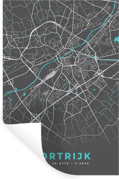 Muurstickers - Sticker Folie - Plattegrond – Kortrijk – Blauw – Stadskaart - Kaart - 20x30 cm - Plakfolie - Muurstickers Kinderkamer - Zelfklevend Behang - Zelfklevend behangpapier - Stickerfolie