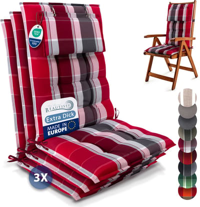 Beautissu Sun-HL - Set van 3 Premium Hoge Rugleuning Kussen met Hoofdkussen 120x50 cm – UV-bestendig & 8cm Dik Kussen Tuinstoelkussen Antislip Bevestigingsbanden – Stevige Stof Rood Antraciet Gestreept