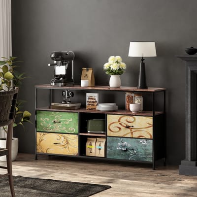 Commode met 4 stoffen lades, opbergkast, tv-meubel, in hoogte verstelbaar, ijzeren frame, voor slaapkamer en woonkamer, Multicolor, 137 x 30 x 78 cm
