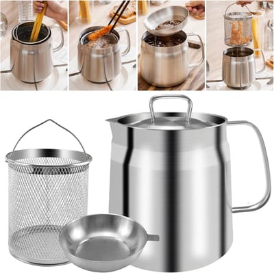 Oliefilter - Frituurpan - met frituurmand en oliefilter - 68 oz/2L - 14 x 16 cm - Vaatwasserbestendig - roestvrij staal 304 - oliereservoir - scheidt olieresten - voor frituren, frituren, frituren, frituren - zilver