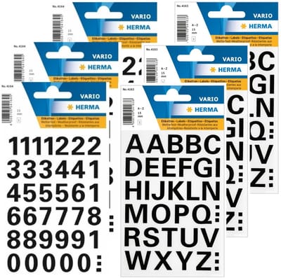 Herma stickervellen letters en cijfers - 6x vellen - zwart - 15 mm - watervast
