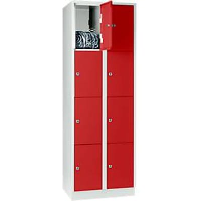 Vakkenkast 300 mm, 2 compartimenten, 8 vakken, veiligheidscilinderslot, sokkel, vuurrood