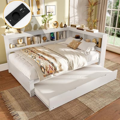 Pugsdrly Dagbed, 140 x 200 cm, slaapbank, dagbed met uitschuifbed, met stopcontact en 2 USB-poorten, bed met lattenbodem (zonder matras), spaanplaat, wit