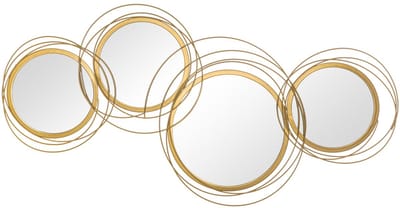 Spiegels set, wanddecoratie, 4 ronde spiegels, geschikt voor woonkamer, slaapkamer en kantoor, 107 x 4 x 56 cm, goud, metalen frame.