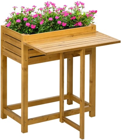 Plantenbak - Verhoogd Tuinbed met Opklapbaar Werkblad - Bloembak - Plantenbed - Kweekbak - Moestuinbak - voor Buiten, Terras, Tuin & Balkon - voor Groenten, Bloemen & Kruiden - 64 x 63 x 74,5 cm