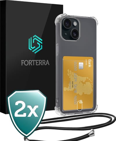 Hoesje Geschikt voor iPhone 15 Pashouder Case Siliconen Hoes Met Koord - Hoes Geschikt voor iPhone 15 Met Telefoonkoord Hoesje Back Cover Met Pasjeshouder - Transparant - 2 PACK