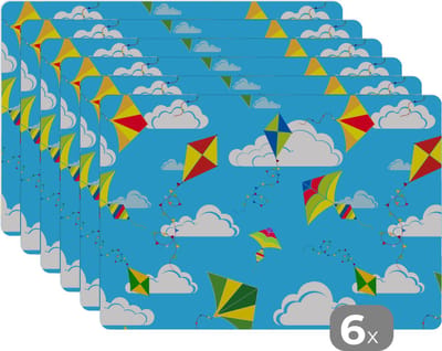 Placemat - Placemats kunststof - Vlieger - Zomer - Patroon - 45x30 cm - 6 stuks - Hittebestendig - Anti-Slip - Onderlegger - Afneembaar