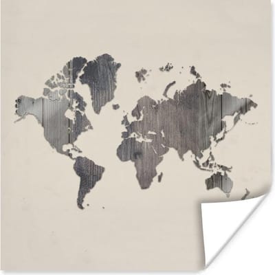 Poster 30x30 cm - Wereldkaart - Houten - Grijs - Posters - Kamer decoratie - Wanddecoratie woonkamer - Muurdecoratie slaapkamer