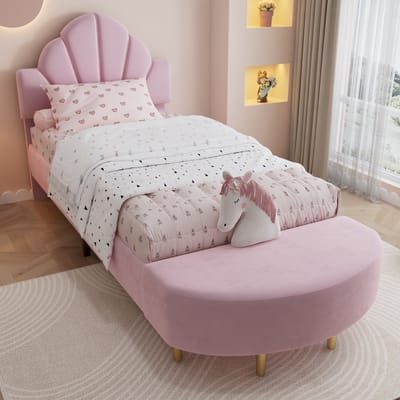 PHOEBE CAT Gestoffeerd bed - 90x200 cm - Met bedbank - Schelpvormig hoofdeinde - Velvet - Kinderbed - Roze (Zonder matras)