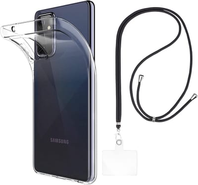 Set met hoesje en nekband voor Samsung Galaxy a72 - Flexibele, transparante TPU-bescherming, verstelbare universele nekband voor mobiele telefoons, zwarte nekband, transparante draagriem van Phonillico®