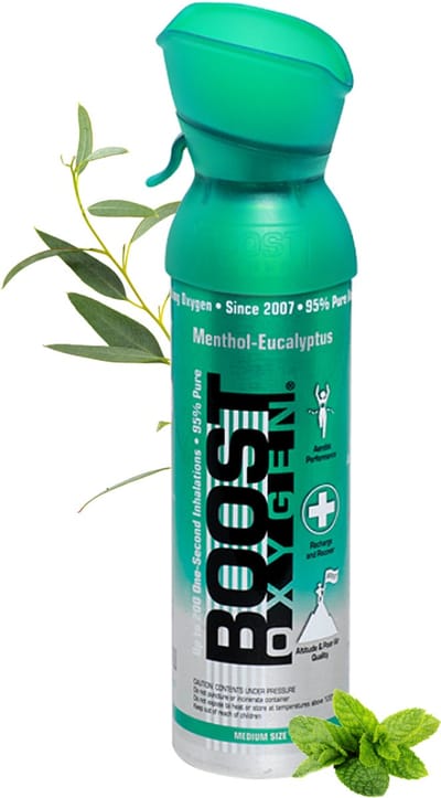 Boost Oxygen 5L - Menthol Eucalyptus - 95% Pure Zuurstof - Tot wel 100 inhalaties - Ademhalingsondersteuning voor sport herstel, hoogte, prestaties en gezondheid - Zuurstoffles