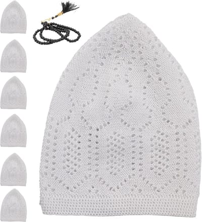 FIRASET Islamitische Gebedsmutsen- Islamitische Kufi Muts voor Heren – Fluwelen Gehaakte Gebedsmuts – Rekbaar & Ademend – Standaardmaat – Set van 6 Witte Kufi Hoeden