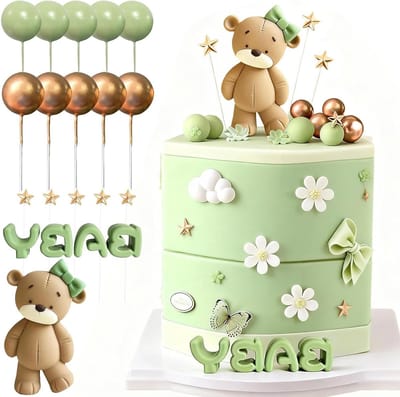 Set van 17 Verjaardagstaartdecoraties met Teddybeer voor Babyshowers, Doopfeesten en Verjaardagsfeesten in Groen en Goud