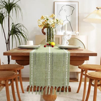 Tafelloper gemaakt van geweven gehaakte saliegroen tafelloper 90cm lang met handkwastjes voor eetkamer keuken feest- en desserttafeldecoratie (Saliegroen, 90cm)