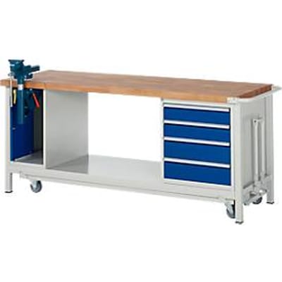 Werkbank model 8185, verrijdbaar, neerlaatbaar, met kast en schuifladen,  B 2000 x D 700 x H 880 mm