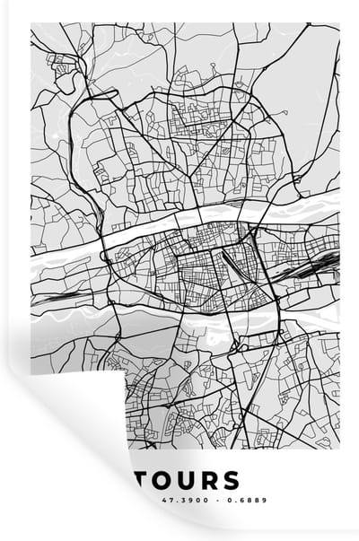 Muurstickers - Sticker Folie - Frankrijk - Plattegrond - Kaart - Tours - Stadskaart - 20x30 cm - Plakfolie - Muurstickers Kinderkamer - Zelfklevend Behang - Zelfklevend behangpapier - Stickerfolie