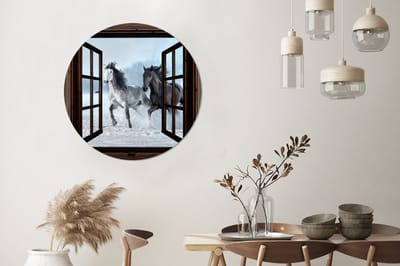 WallCircle - Wandcirkel - Muurcirkel - Paarden - Winter - Dieren - Natuur - Doorkijk - Aluminium - Dibond - 90x90 cm - Binnen en Buiten