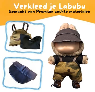 Stoer Militair Camouflage Visserspak Kleding – Met Laarsjes en Petje – Cool Outdoor Outfit Accessoire Geschikt voor Labubu (Pop Niet Inbegrepen)