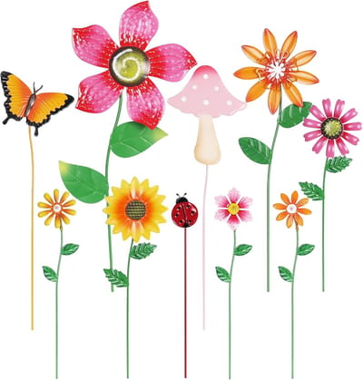 Metalen Bloemen Set - Tuindecoratie Palen - Buiten Decoreren - Set van Tien - Veelkleurig