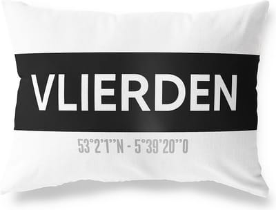 Tuinkussen VLIERDEN - NOORD-BRABANT met coördinaten - Buitenkussen - Bootkussen - Weerbestendig - Jouw Plaats - Studio216 - Modern - Zwart-Wit - 50x30cm
