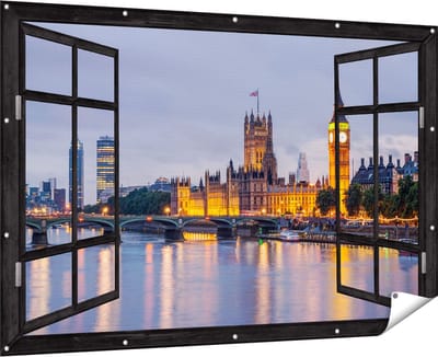 Gards Tuinposter Doorkijk London Big Ben en Westminster Brug - 180x120 cm - Tuindoek - Tuindecoratie - Wanddecoratie buiten - Tuinschilderij