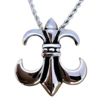 Stoer Fleur de lis edelstaal hanger met zwart coating werking. Met gratis zwart echte leer ketting.