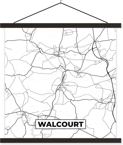 Posterhanger incl. Poster 60x60 cm - Schoolplaat - Stadskaart – Zwart Wit - Kaart – Walcourt – België – Plattegrond - Textielposter - Zwarte latten - Stadskaart