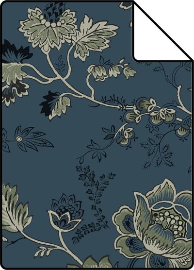 Proefstaal ESTAhome behang vintage bloemen donkerblauw en olijfgroen - 26.5 x 21 cm - 139315-S
