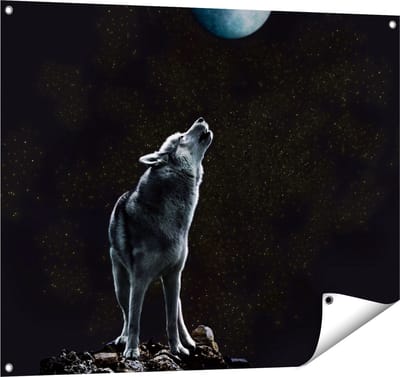 Gards Tuinposter Wolf Huilt naar de Volle Maan - 100x80 cm - Tuindoek - Tuindecoratie - Wanddecoratie buiten - Tuinschilderij