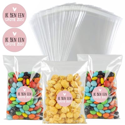 50x Uitdeelzakjes + 60 Stickers Ik Ben Een Grote Zus! - Zakjes Met Plakstrip - Zelfklevende Zakjes - Uitdeelzakjes - Traktaties - Transparant - 10x15cm - 50 Stuks
