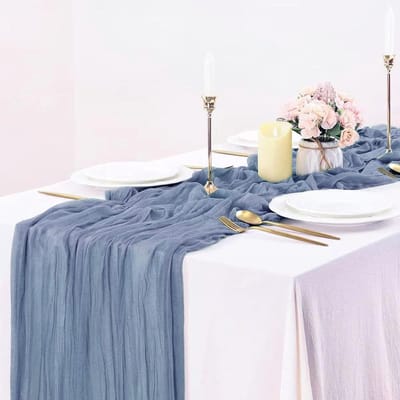 grijsblauw tafelkleed, blauwe tafelloper, tafeldecoratie, boho decoratie, lang tafelkleed, romantische decoratie, lichtblauw, geschikt voor bruiloft, diner, feest