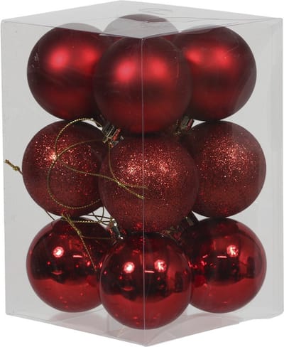 Othmar Decorations Kerstballen - 12x st - rood - D6 cm - kunststof - glans/glitter/mat - kerstversiering