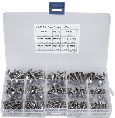 Dailygoods- Schroeven 180 stuks - Schroefset - Roestvrij Staal A2-70 - Zelftappende Schroeven - Geassorteerde M3/M4/M5/M6 - Plastic Doos
